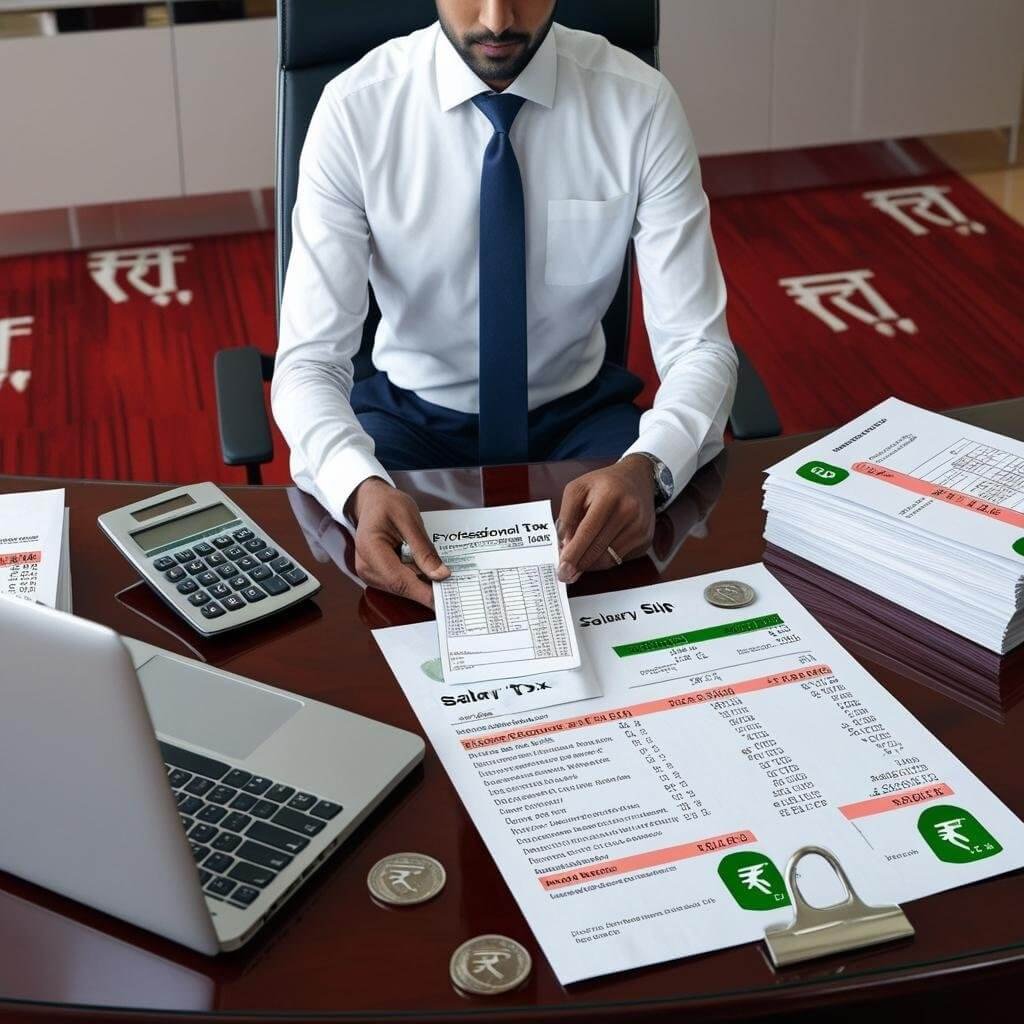 A professional business setting in India, depicting an Indian employee in formal office attire sitting at a desk, reviewing a salary slip with “Professional Tax” highlighted. A calculator, financial documents, and a laptop screen displaying tax calculations are also visible. The background features a modern office environment with Indian rupee symbols subtly integrated. The overall tone is professional and informative, reflecting taxation and salary deductions in India.